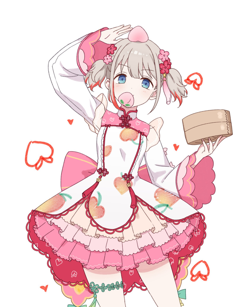 1girl absurdres bamboo_steamer blue_eyes blush box china_dress chinese_clothes closed_mouth collared_dress cowboy_shot dress food food_on_head frilled_dress frills fruit fruit_on_head grey_hair hair_between_eyes hand_up highres holding holding_box idolmaster idolmaster_shiny_colors layered_skirt leaning_to_the_side legs_apart long_bangs long_sleeves looking_at_viewer mouth_hold multicolored_hair object_on_head peach pink_skirt red_hair rgst_(ramgester) serizawa_asahi short_hair short_twintails side_slit sidelocks simple_background skirt smile solo streaked_hair thigh_strap twintails white_background white_dress