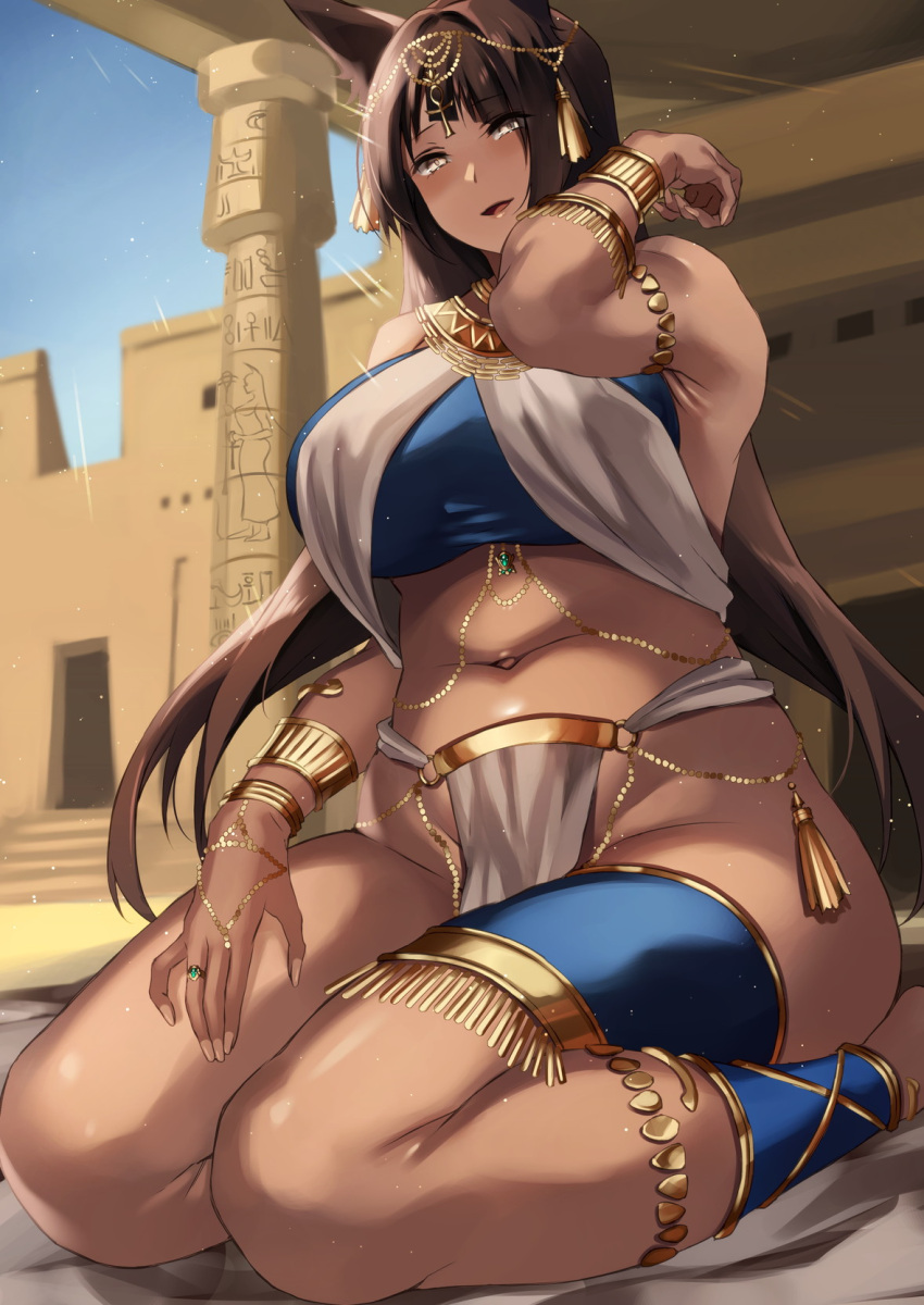 ancient_egyptian_architecture animal_ears armpits bastet_(mythology) body_chain brown_hair cat_ears dark-skinned_female dark_skin egyptian_clothes egyptian_mythology highres inue_ao jewelry lap_pillow_invitation long_hair looking_at_viewer navel open_mouth plump ring seiza sitting tan tassel thighs yellow_eyes
