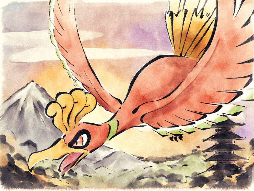 animal_focus beak bird bird_tail cloud feathered_wings feathers flying highres ho-oh metikyun mountain no_humans open_mouth outdoors pagoda pokemon pokemon_(creature) red_eyes red_feathers tail wings