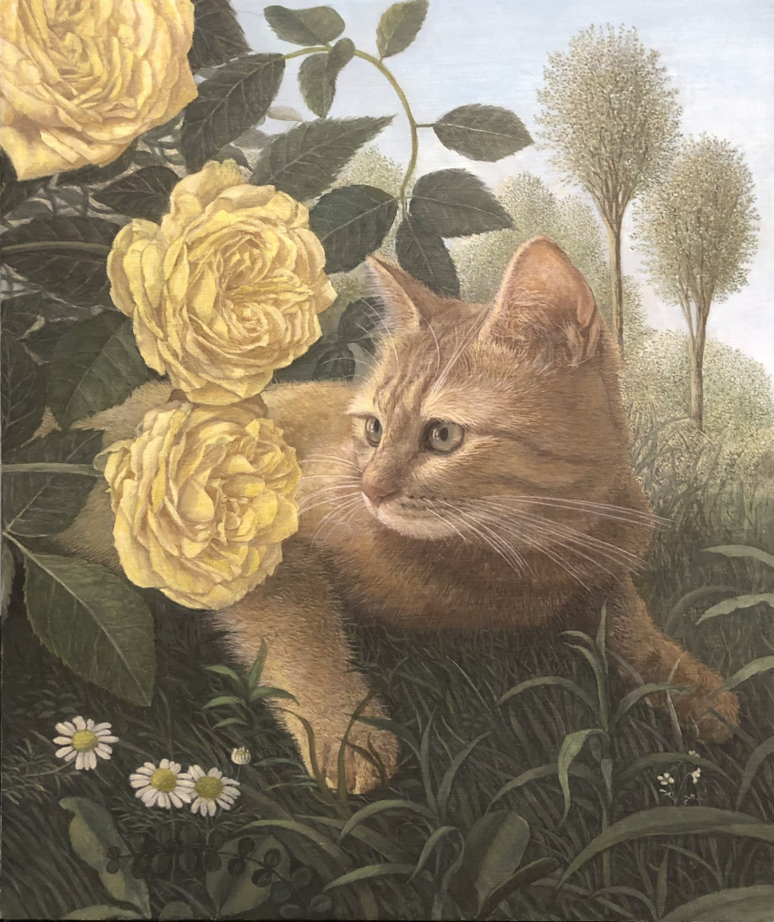 animal cat day flower grass highres looking_at_viewer no_humans original rose scenery tree white_flower yellow_flower yellow_rose yukosaito22