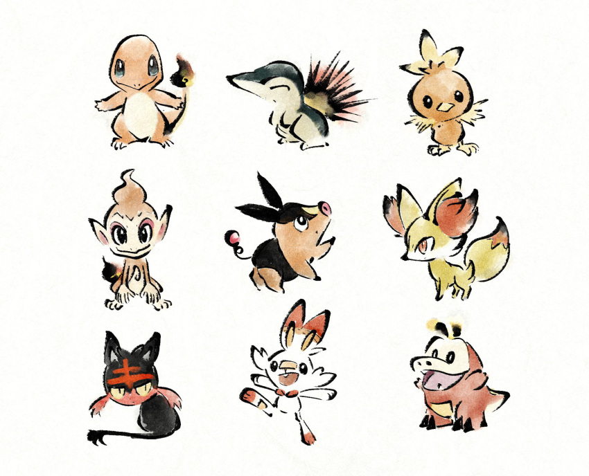 :&gt; :d bird black_fur cat charmander chick chimchar closed_eyes crocodilian cyndaquil fangs fennekin fire fox fuecoco highres litten metikyun monkey no_humans o_o open_mouth orange_eyes pig pokemon pokemon_(creature) rabbit scorbunny slit_pupils smile snout standing standing_on_one_leg tail tepig torchic trait_connection u_u white_background