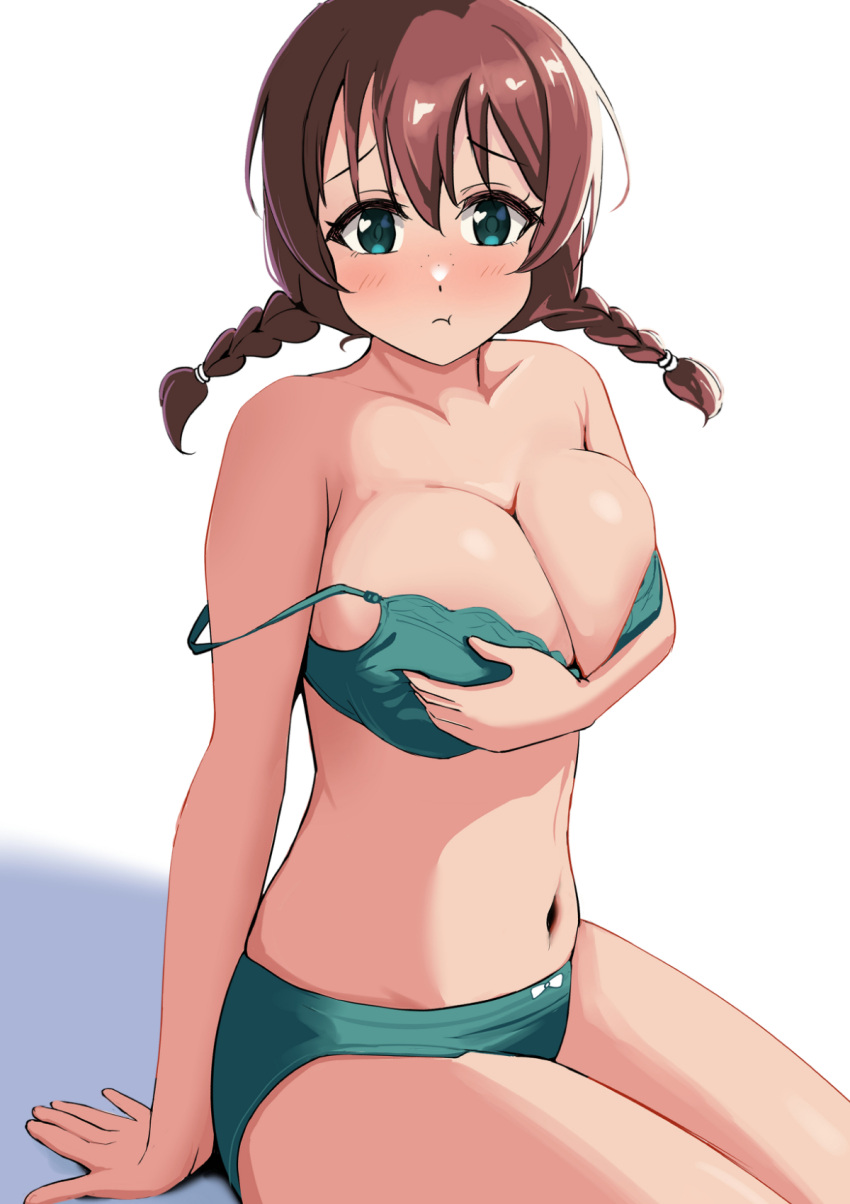 1girl :t blush bra braid breasts brown_hair collarbone covering_breasts covering_privates emma_verde freckles green_bra green_eyes green_panties highres large_breasts looking_at_viewer love_live! love_live!_nijigasaki_high_school_idol_club navel panties pisagi raised_eyebrows sitting solo stomach strap_slip twin_braids underwear underwear_only