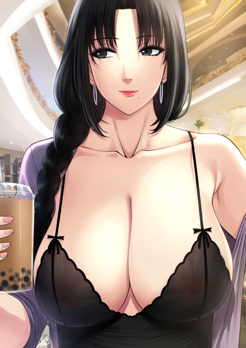 1girl absurdres black_hair black_nightgown braid breasts bubble_tea cleavage closed_mouth collarbone commentary covered_nipples cup disposable_cup drinking_straw earrings grey_eyes hair_intakes hair_over_shoulder highres hoop_earrings indoors jewelry large_breasts lingerie lipstick long_hair looking_to_the_side makeup mature_female mole mole_under_mouth nightgown nush_(xter) original red_lips single_bare_shoulder single_braid solo symbol-only_commentary underwear upper_body xter