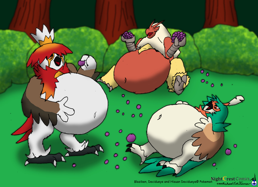 ambiguous_gender anthro avian banquet bellies belly berry big_belly bird blaziken decidueye eating eating_food enjoying food forest forest_background fruit generation_3_pokemon generation_7_pokemon generation_8_pokemon gluttony group hand_holding hand_on_belly happy hi_res hisuian_decidueye hisuian_form holding_food holding_object joyful k9manx90_(artist) male nature nature_background navel navel_outline nintendo obese obese_anthro obese_male overweight overweight_anthro overweight_male plant pokemon pokemon_(species) pokemon_legends_arceus regional_form_(pokemon) sitting sitting_on_ground standing stuffing stuffing_(food) tree trio