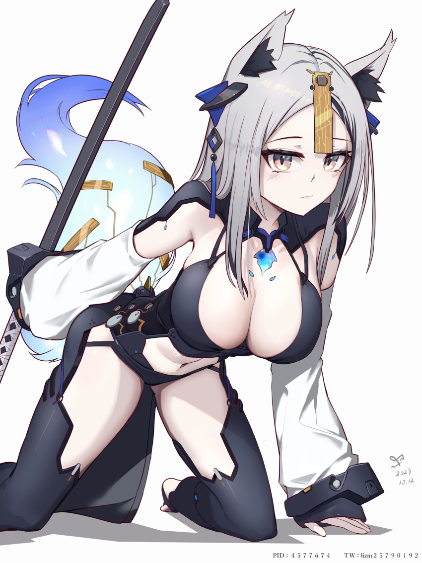 1girl absurdres all_fours animal_ear_fluff animal_ears black_hair blush breasts cleavage detached_sleeves fox_ears fox_girl fox_tail grey_hair highres holding holding_weapon large_breasts long_hair long_sleeves looking_at_viewer multicolored_hair navel original qiaogun_damodao revision simple_background solo stirrup_legwear streaked_hair tail toeless_legwear two-tone_hair very_long_hair weapon white_background yellow_eyes