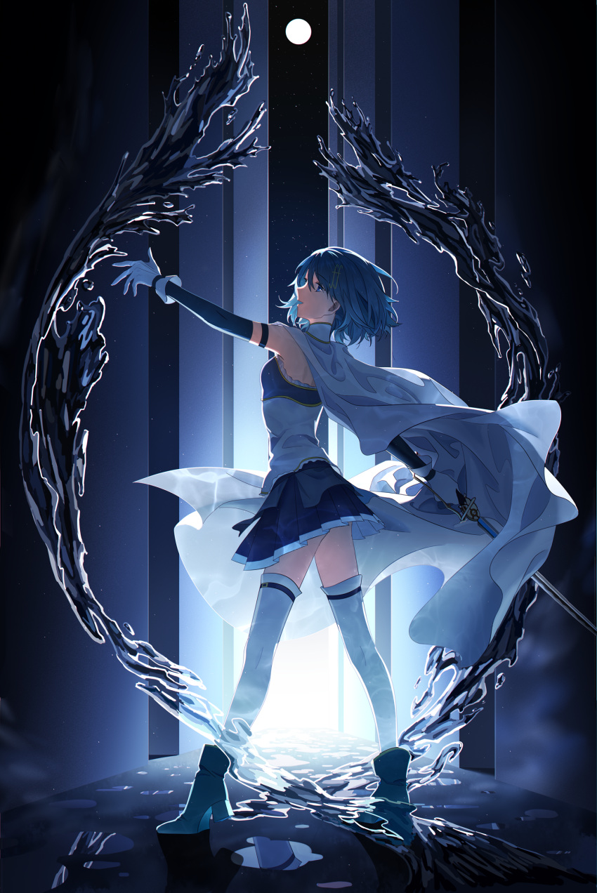 1girl ankle_boots backlighting baizhou_zhi_ying blue_eyes blue_footwear blue_hair blue_skirt bodice boots cape detached_sleeves floating_cape from_behind full_body full_moon gloves hair_ornament highres holding holding_sword holding_weapon hydrokinesis legs_apart looking_at_viewer looking_back mahou_shoujo_madoka_magica mahou_shoujo_madoka_magica_(anime) miki_sayaka moon musical_note musical_note_hair_ornament night night_sky open_mouth outstretched_arms short_hair skirt sky solo standing star_(sky) starry_sky sword thighhighs water weapon white_cape white_gloves white_thighhighs