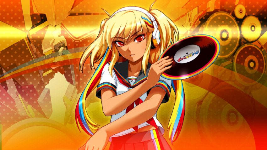 1girl beatmania_iidx blonde_hair dark-skinned_female dark_skin goli_matsumoto hair_ornament headphones holding_record multicolored_hair non-web_source official_art parted_lips red_eyes school_uniform serafuku sidelocks skirt solo two_side_up xiatian_(beatmania_iidx)