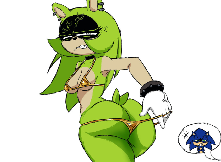 afrosoricid anthro big_butt bikini blue_body bra bracelet breasts butt choker clothing clothing_pull duo ear_piercing eulipotyphlan female gloves gold_bikini green_body green_eyes hair handwear hedgehog hi_res jewelry long_hair male mammal n0busart necklace piercing sega sharp_teeth sonic_the_hedgehog sonic_the_hedgehog_(series) swimwear tail teeth tenrec thong underwear vein