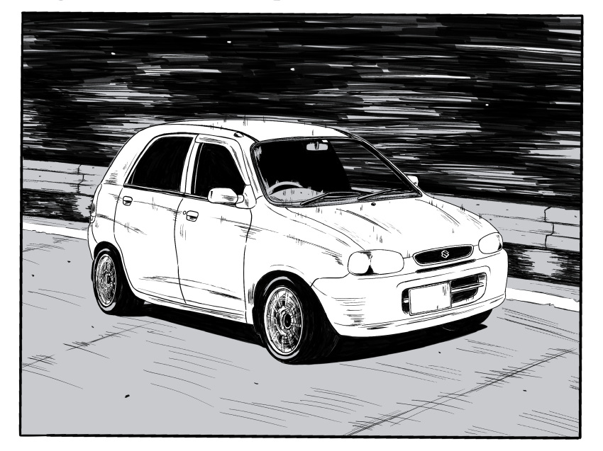 car greyscale guard_rail highres initial_d k.tofu monochrome motor_vehicle no_humans original parody road shadow style_parody suzuki_(company) suzuki_alto vehicle_focus