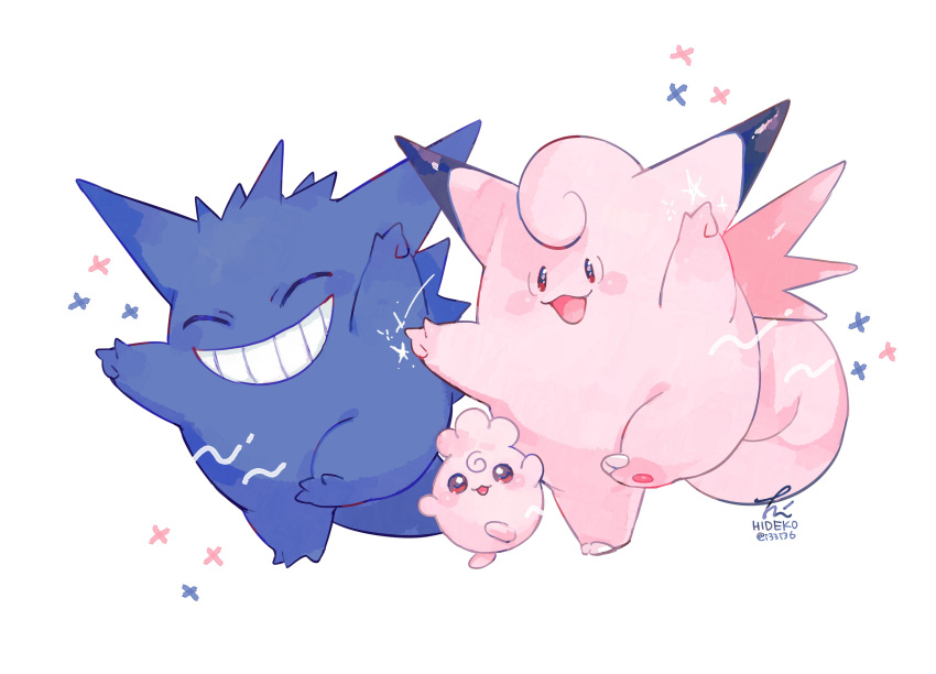 absurdres artist_name clefable closed_eyes colored_skin gengar grin hideko_(l33l3b) highres igglybuff no_humans open_mouth pink_skin pokemon pokemon_(creature) purple_skin signature simple_background smile teeth white_background