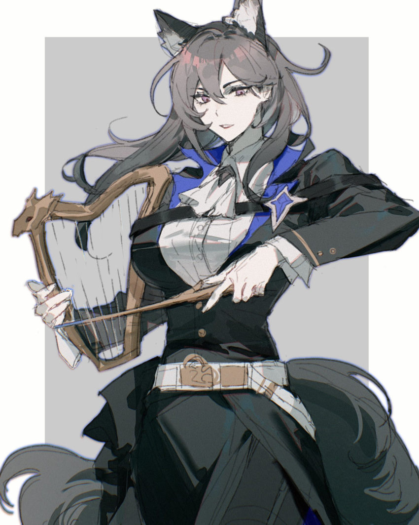 1girl animal_ears arknights ascot black_jacket black_pants breasts commentary cowboy_shot gertrude_strollo_(arknights) grey_eyes grey_hair highres holding holding_harp holding_wand jacket large_breasts long_hair long_sleeves moomsaw pants shirt solo standing wand white_ascot white_shirt wolf_ears