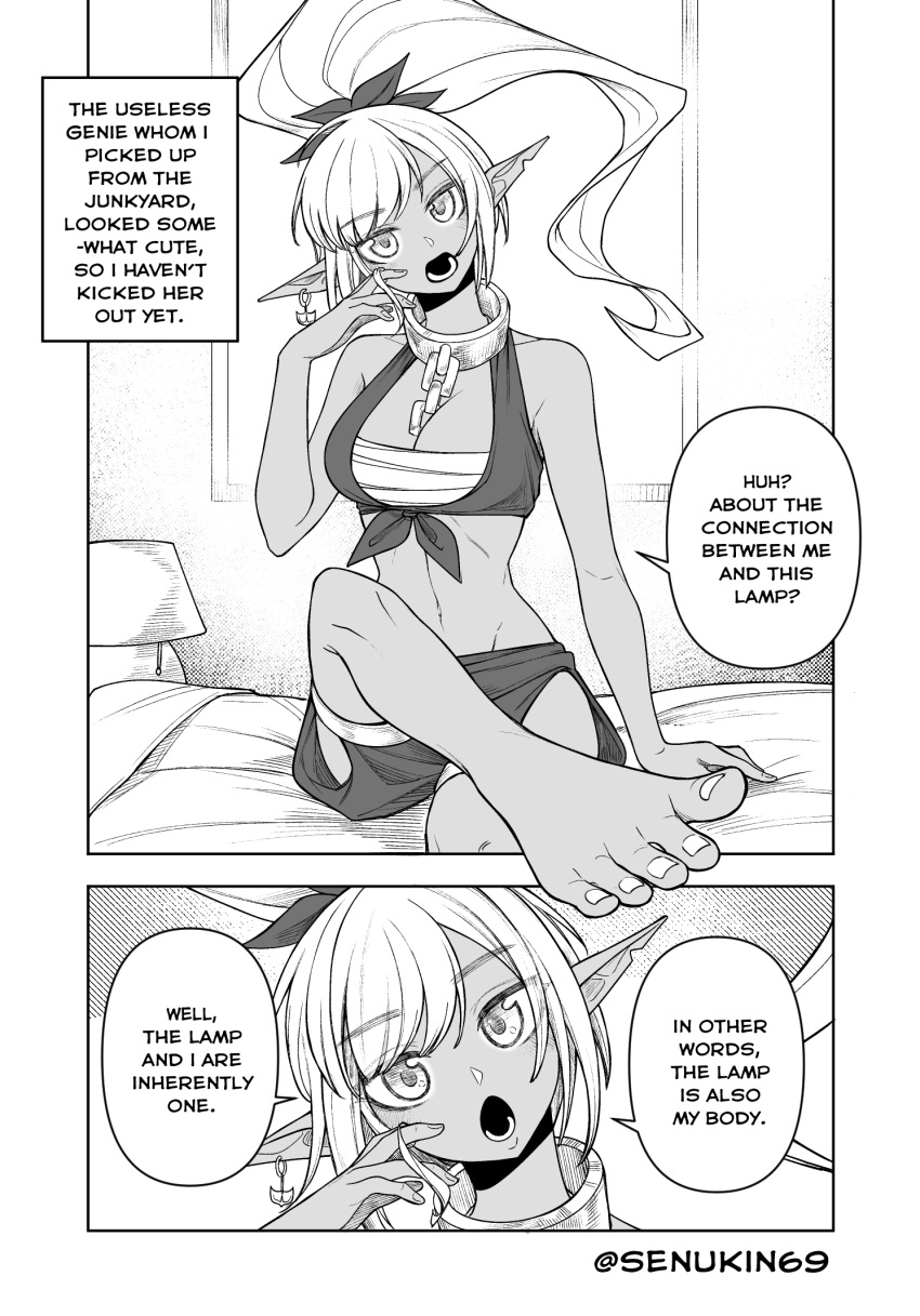 1girl barefoot breasts cleavage collar dark-skinned_female dark_skin earrings english_commentary english_text greyscale groin head_tilt highres hip_vent hornee_borgar jewelry long_pointy_ears medium_breasts monochrome open_mouth original outside_border pointy_ears ponytail shorts single_earring sitting speech_bubble twitter_username useless_genie_(hornee_borgar)