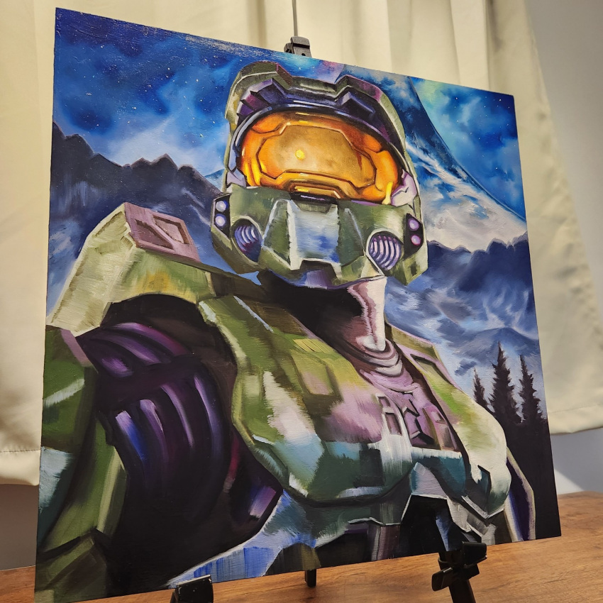 1boy alex_delso armor assault_visor curtains english_commentary green_helmet halo_(series) halo_2 helmet highres looking_up master_chief mountain night night_sky oil_painting_(medium) painting_(medium) portrait power_armor second-party_source sky solo spartan_(halo) star_(sky) traditional_media