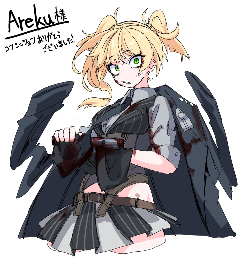 1girl asymmetrical_hair blonde_hair blood blood_on_clothes blood_on_face blood_on_gun blood_on_weapon bolt_action commentary commission cropped_legs dr_yamero girls'_frontline green_eyes gun handgun highres holding holding_gun holding_weapon jacket jacket_on_shoulders looking_at_viewer parted_lips pleated_skirt simple_background skeb_commission skirt solo striped_clothes striped_skirt teeth translation_request twintails weapon welrod welrod_mkii_(girls'_frontline) white_background