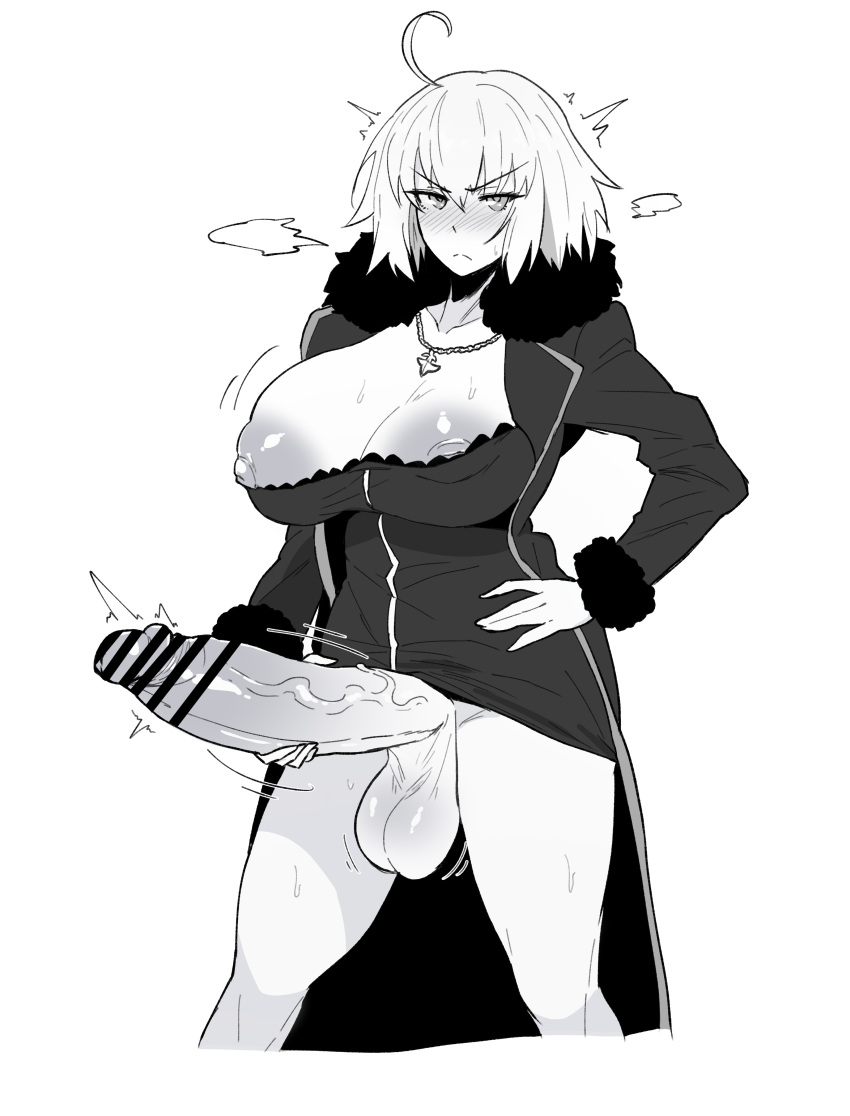 1girl absurdres ahoge bar_censor blush breasts censored closed_mouth coat cropped_legs dress erection fate/grand_order fate_(series) fur-trimmed_coat fur-trimmed_sleeves fur_trim futanari futanari_masturbation greyscale hand_on_own_hip highres huge_breasts huge_penis jeanne_d'arc_alter_(fate) jeanne_d'arc_alter_(ver._shinjuku_1999)_(fate) jewelry long_sleeves looking_at_viewer masturbation mochiume9 monochrome nipple_slip nipples open_clothes open_coat pendant penis short_hair solo testicles veins veiny_penis