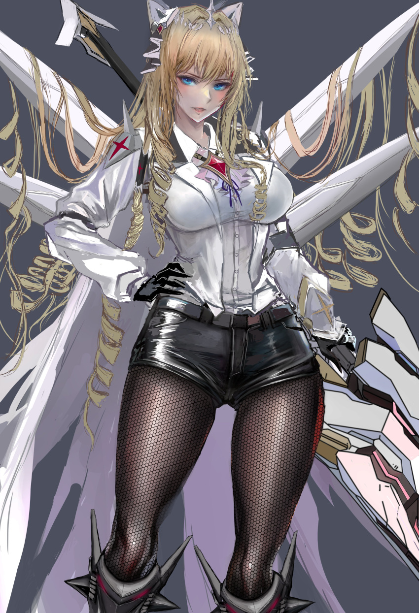 1girl absurdres black_gloves black_pantyhose black_shorts blonde_hair blue_eyes breasts coat collared_shirt crown crown_(nikke) drill_hair fishnet_pantyhose fishnets gloves goddess_of_victory:_nikke grey_background hand_on_own_hip highres holding holding_weapon kyel_hyde large_breasts long_hair looking_at_viewer open_mouth pantyhose shirt short_shorts shorts solo very_long_hair weapon white_coat white_shirt