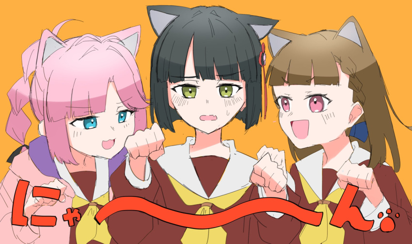 3girls :3 :d ahoge animal_ears anyoji_hime black_hair black_ribbon blue_eyes blunt_bangs blunt_ends braid brown_dress brown_hair cat_ears cat_girl center-flap_bangs commentary_request dress fang flower flower_knot green_eyes hair_flower hair_ornament hair_ribbon hasu_no_sora_school_uniform highres hood hooded_jacket jacket kachimachi_kosuzu kemonomimi_mode link!_like!_love_live! long_hair long_sleeves love_live! momose_ginko multi-tied_hair multiple_girls neckerchief nyan open_clothes open_jacket open_mouth orange_background othiwo pink_eyes pink_hair pink_jacket ponytail ribbon sailor_collar sailor_dress school_uniform short_hair side_ahoge side_braids sidelocks simple_background skin_fang smile straight_hair sweatdrop swept_bangs translation_request upper_body v-shaped_eyebrows virtual_youtuber white_sailor_collar winter_uniform yellow_neckerchief