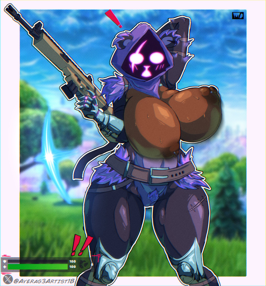 2024 anthro areola armor artist_name averag3artist bear belt big_breasts blurred_background breasts brown_areola brown_nipples clothing crotch_tuft epic_games eye_scar facial_scar female fortnite gameplay_mechanics gauntlets genitals gloves gun hand_behind_head handwear hi_res holding_gun holding_object holding_ranged_weapon holding_rifle holding_weapon leg_armor mammal nipple_piercing nipples open_mouth piercing pussy ranged_weapon raven_team_leader rifle scar shadow_face shocked solo thick_thighs tuft twitter_handle wardrobe_malfunction weapon
