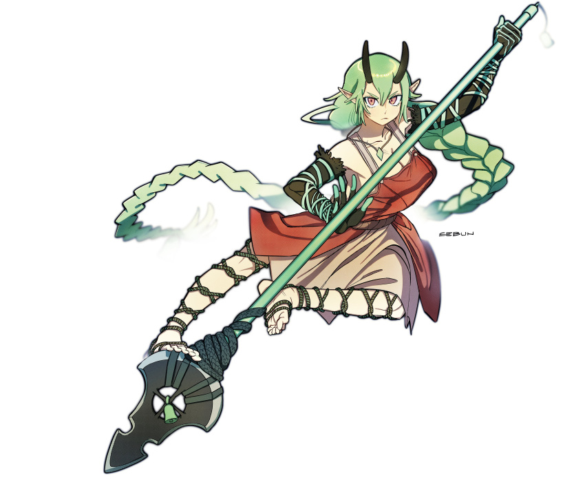 1girl 7bun_junbun absurdres bandaged_foot bandaged_leg bandages bare_legs bare_shoulders barefoot bell blurry blurry_background braid breasts collarbone commission demon_girl demon_horns detached_sleeves dress elbow_gloves english_commentary feet fighting_stance gem glaring gloves green_gemstone green_hair highres holding holding_polearm holding_weapon holding_with_feet horns jade_(boltclash) light_frown looking_at_viewer medium_breasts original pale_skin pointy_ears polearm red_eyes soles solo suspenders toe_scrunch toes weapon white_background