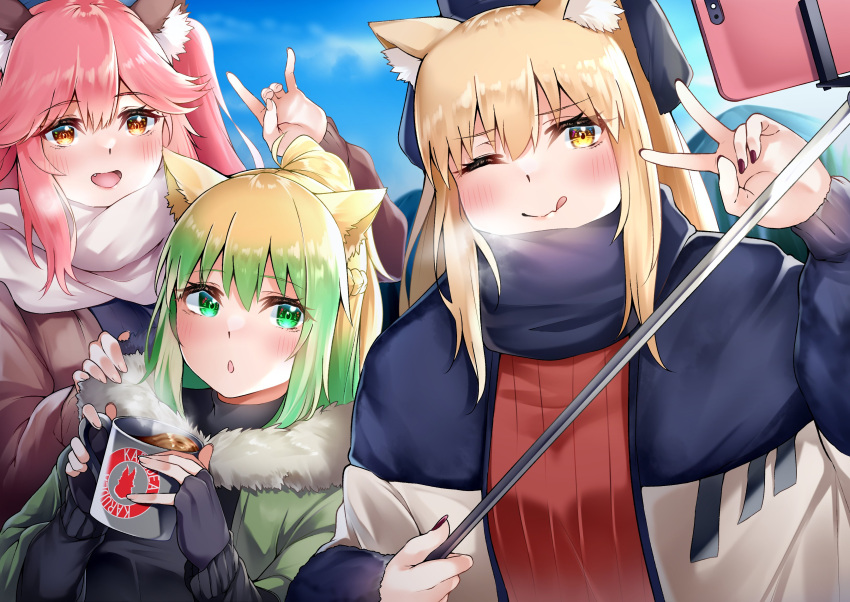 3girls absurdres animal_ear_fluff animal_ears atalanta_(fate) bangs blonde_hair blush braid breasts cat_ears fate/apocrypha fate/extra fate/extra_ccc fate/extra_ccc_fox_tail fate_(series) fox_ears fox_girl french_braid gradient_hair green_eyes green_hair hair_between_eyes highres jacket large_breasts len_(hand_linke) long_hair long_sleeves looking_at_viewer medium_breasts multicolored_hair multiple_girls open_mouth orange_eyes orange_hair pink_hair selfie sidelocks smile suzuka_gozen_(fate) tamamo_(fate) tamamo_no_mae_(fate/extra) thighs twintails v yellow_eyes