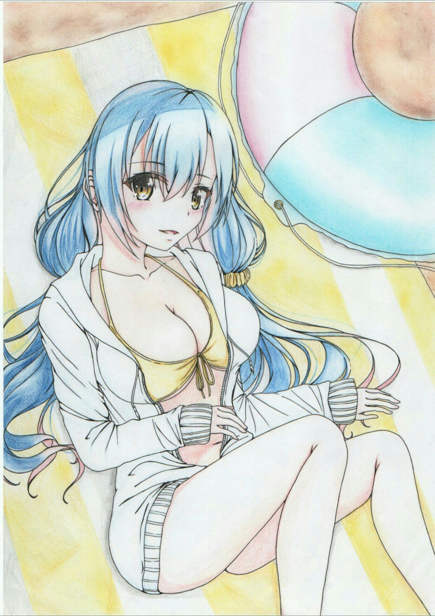 1girl beach bikini blue_hair breasts cleavage highres innertube jacket large_breasts long_hair looking_at_viewer mini_dang01 navel original smile solo summer swimsuit traditional_media very_long_hair white_jacket yellow_bikini yellow_eyes