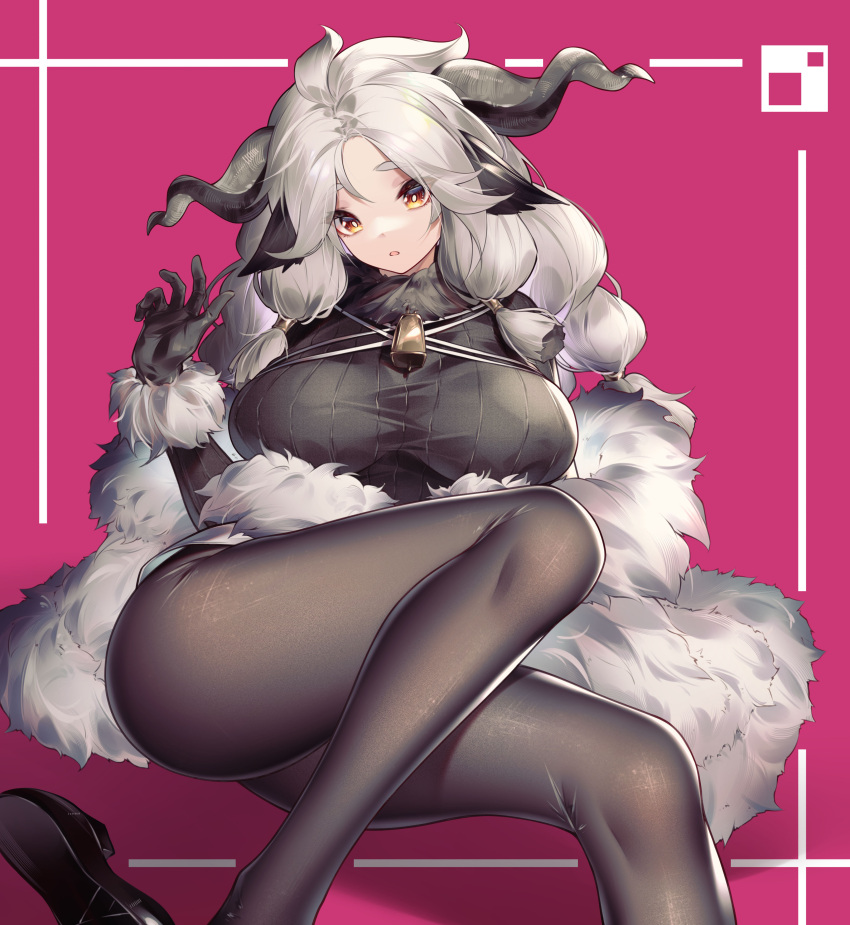1girl absurdres ahoge animal_ears arknights bangs bell black_footwear black_gloves black_legwear black_sweater breasts bright_pupils character_request eyebrows_visible_through_hair feet_out_of_frame fur-trimmed_sleeves fur_collar fur_shawl fur_trim gloves highres horns jiusan_naitan large_breasts legs long_hair long_sleeves looking_at_viewer lying neck_bell on_back pantyhose parted_bangs parted_lips pink_background red_eyes shoes shoes_removed sidelocks silver_hair sweater valais_(arknights)