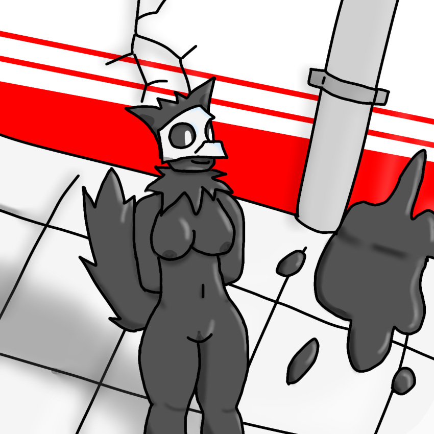 anthro big_breasts black_body breasts canid canine canis changed_(video_game) detailed_background female genitals hi_res latex mammal mask mister_redintong puro_(changed) pussy skull_mask solo standing thick_thighs white_eyes wolf