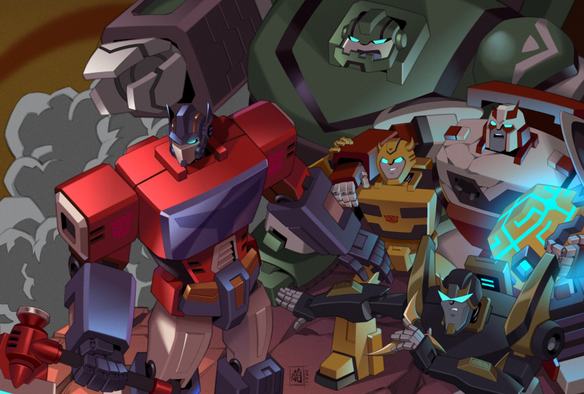 5boys allspark ambulance artist_logo autobot axe battle battle_damage blue_eyes broken_horn bulkhead bumblebee car dated ground_vehicle highres horns lantana0_0 mask mecha military military_vehicle motor_vehicle motorcycle multiple_boys optimus_prime protecting prowl ratchet realistic red_horns science_fiction shuriken signature smile smoke stylistic teamwork transformers transformers_animated truck weapon yellow_horns