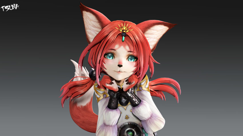 anthro armor armwear blue_eyes bracers canid canine clothing crown detached_sleeves dipstick_tail female fox fur hair hi_res inner_ear_fluff koei_tecmo looking_at_viewer mammal markings otsunao red_body red_fur red_hair signature simple_background smile smiling_at_viewer solo tail_markings tamaki_(warriors) tiara tied_hair tuft twintails_(hairstyle) warriors_(game_series) warriors_all-stars white_clothing