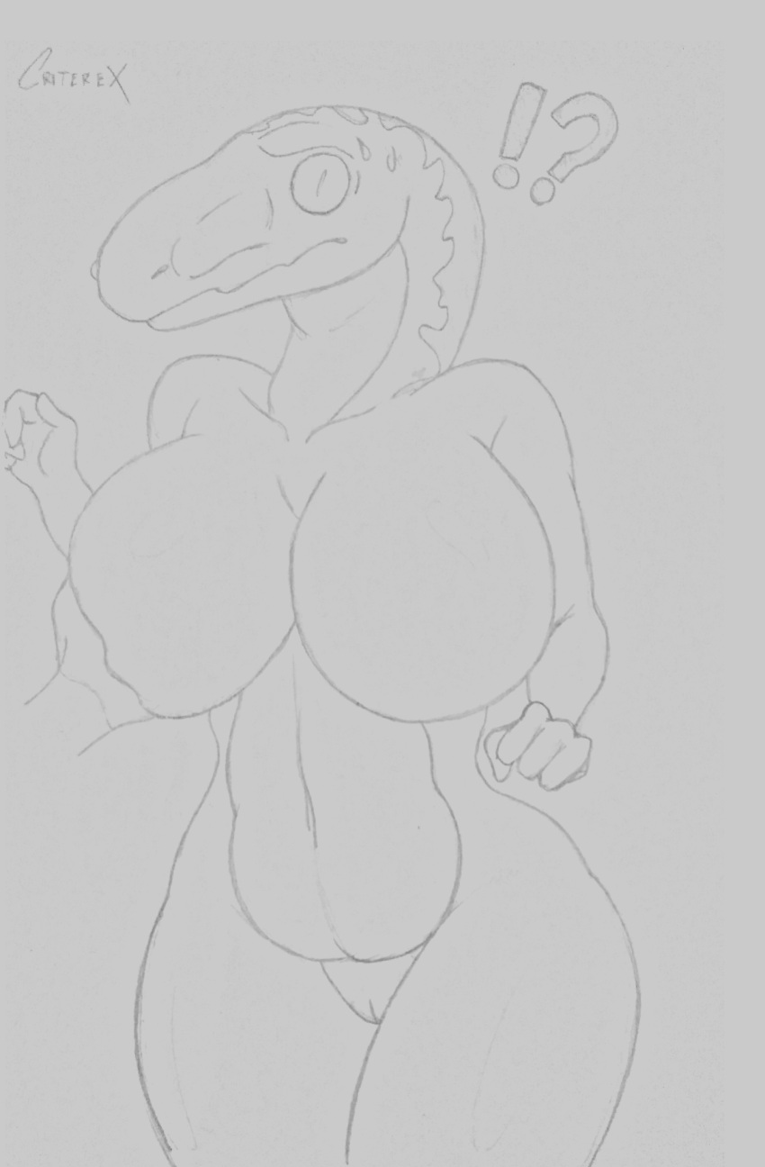 big_breasts breast_grab breasts confusion criterex dinosaur female hand_on_breast hi_res nervous_sweat reptile scalie