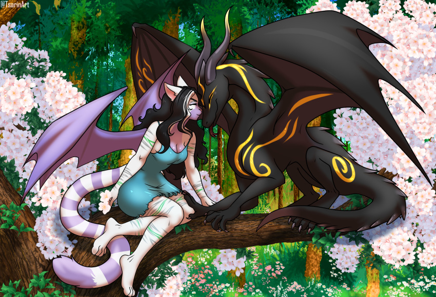 4322chan anthro boop branch clothed clothing detailed_background domestic_cat dragon duo eyes_closed felid feline felis female feral flower forest forest_background friendly hi_res holding_flower holding_object hybrid male male/female mammal nature nature_background nose_boop plant smile tongue tongue_out tree wings