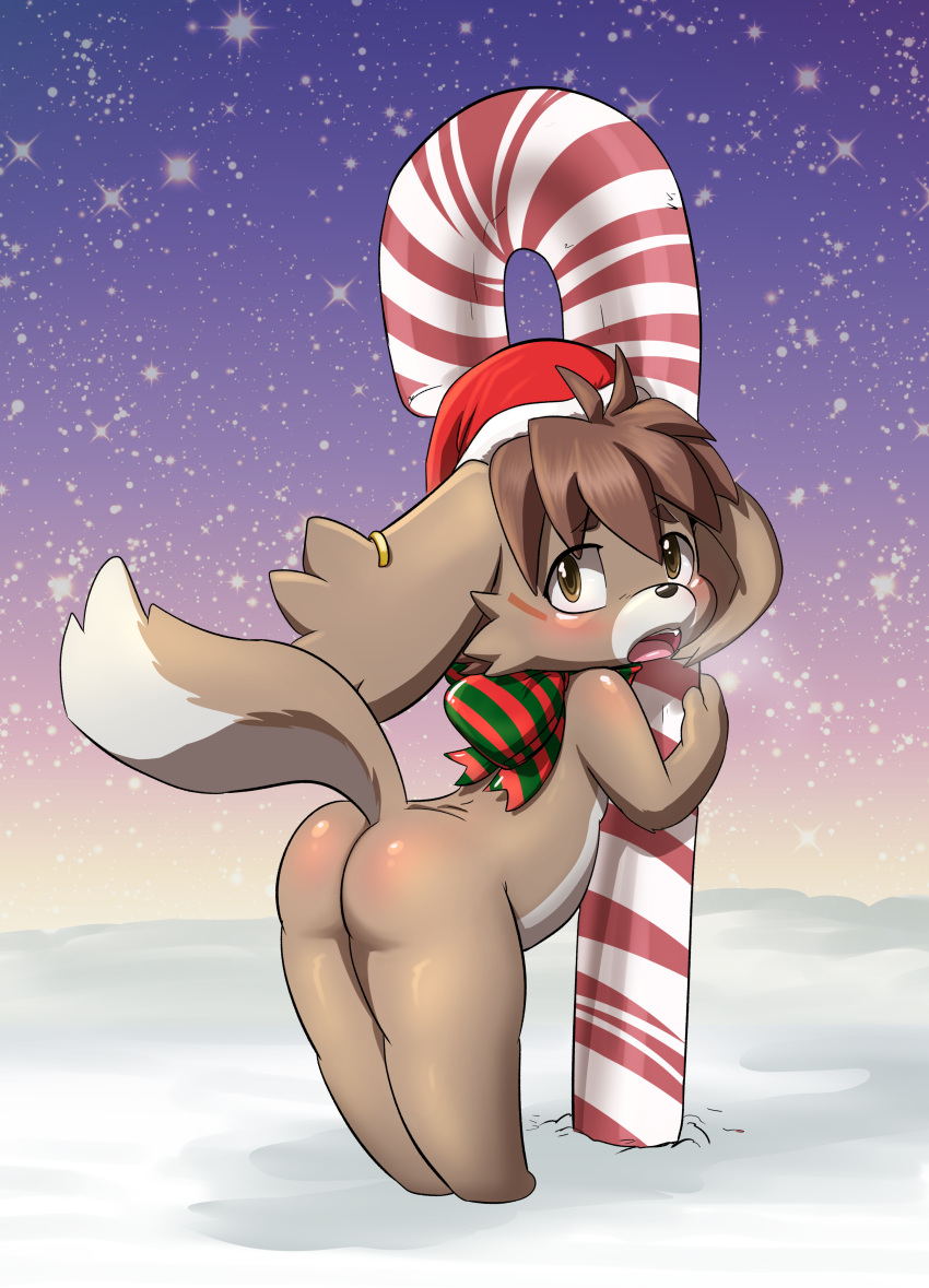 absurd_res brown_body brown_fur butt candy candy_cane canid canine canis christmas christmas_clothing christmas_headwear clothing dessert domestic_dog food freddie_(gundam_build_divers_re:rise) fur gundam_build_divers_re:rise hat headgear headwear hi_res holidays lkiws male mammal nude santa_hat snow solo