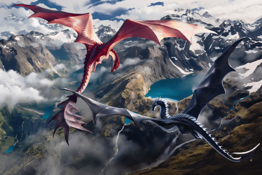 aaros ambiguous_gender black_body black_scales cloud countershade_torso countershading day digitigrade dorsal_frill dragon duo feral flying frill_(anatomy) hi_res khyaber_(character) lake long_neck long_tail membrane_(anatomy) membranous_frill membranous_wings morghus mountain mountain_range outside red_body red_scales river scales scalie shaded sky snow spread_wings water waterfall white_body white_scales wings wyvern