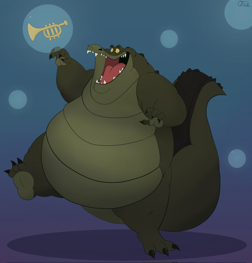 alligator alligatorid anthro belly big_belly brass_instrument crocodilian green_body hi_res louis_(tpatf) male musical_instrument ogretusks open_mouth overweight overweight_anthro overweight_male reptile scalie solo teeth trumpet wind_instrument