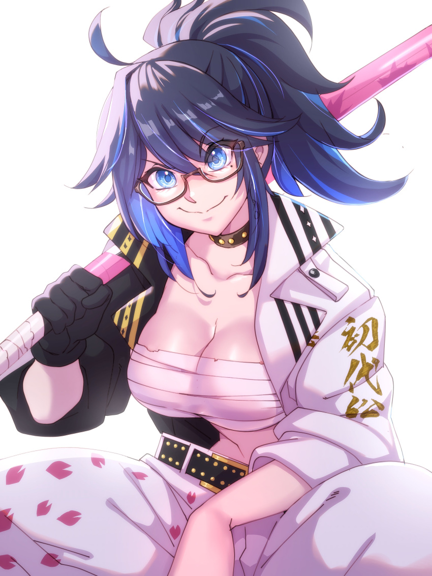 1girl absurdres baggy_pants banchou belt_buckle biker_clothes black_gloves black_hair black_jacket blue_eyes blue_hair breasts buckle chest_sarashi choker cleavage eyebrows eyebrows_visible_through_hair glasses gloves highres indie_virtual_youtuber jacket kson large_breasts multicolored_clothes multicolored_hair multicolored_jacket nisego pants sarashi sheath sheathed simple_background single_glove souchou squatting striped sukeban sword two-tone_hair two-tone_jacket virtual_youtuber weapon white_background white_jacket white_pants