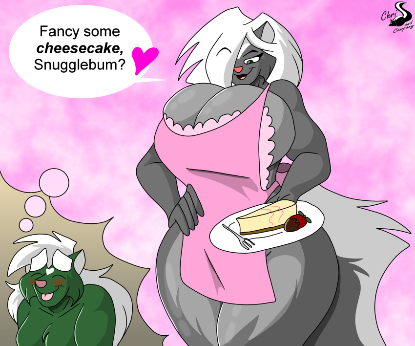absurd_res anthro apron big_breasts blush breasts cake cheesecake chris_t._snuggleskunk chrisandcompany clothing cutlery dessert dialogue duo female food fork fruit hi_res huge_breasts kelsey_sienna kitchen_utensils male mammal mephitid plant plate skunk strawberry tools