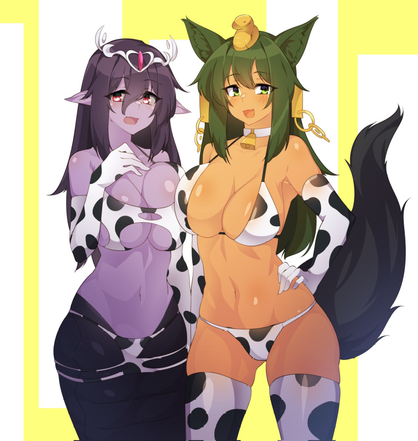 2girls :d animal_ears animal_print anubis_(monster_girl_encyclopedia) apophis_(monster_girl_encyclopedia) bangs bare_shoulders bell bikini black_hair breast_press breasts choker cleavage collarbone colored_skin commentary cow_print dark-skinned_female dark_skin elbow_gloves english_commentary eyebrows_visible_through_hair eyes_visible_through_hair fang gloves green_eyes green_hair hair_between_eyes hand_on_hip highres jackal_ears jackal_tail lamia large_breasts long_hair looking_at_viewer monster_girl monster_girl_encyclopedia multiple_girls navel neck_bell pointy_ears print_bikini print_gloves purple_skin red_eyes second-party_source simple_background skin_fang smile stomach swimsuit tail tilt-shift white_choker