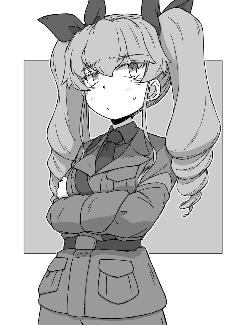 1girl absurdres anchovy_(girls_und_panzer) anzio_military_uniform bangs belt closed_mouth commentary_request crossed_arms dress_shirt drill_hair eyebrows_visible_through_hair frown girls_und_panzer greyscale hair_ribbon half-closed_eyes highres jacket long_hair long_sleeves looking_at_viewer military military_uniform monochrome necktie pants partial_commentary renshiu ribbon sam_browne_belt shirt solo standing sweatdrop twin_drills twintails uniform wing_collar