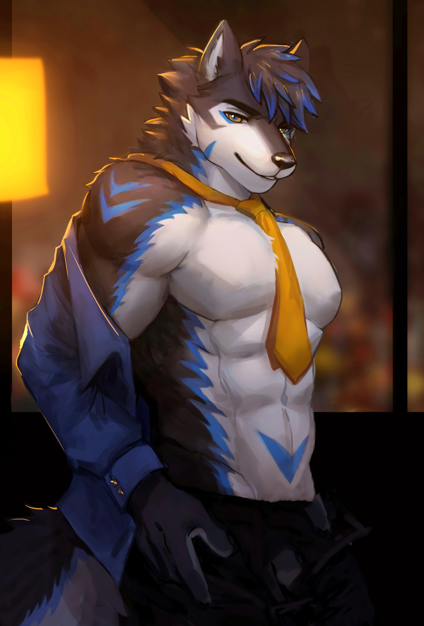 abs absurd_res anonymous_artist anthro archermagnum big_arms big_chest black_body black_fur blue_hair blue_markings bottomwear canid canine canis city cityscape clothed clothing fur fur_markings hair hi_res lightbulb male mammal markings muscular muscular_male necktie_between_breasts night open_bottomwear open_clothing open_pants open_shirt open_topwear pants shirt solo thunderrangers topwear triceps underwear white_body wolf yellow_eyes