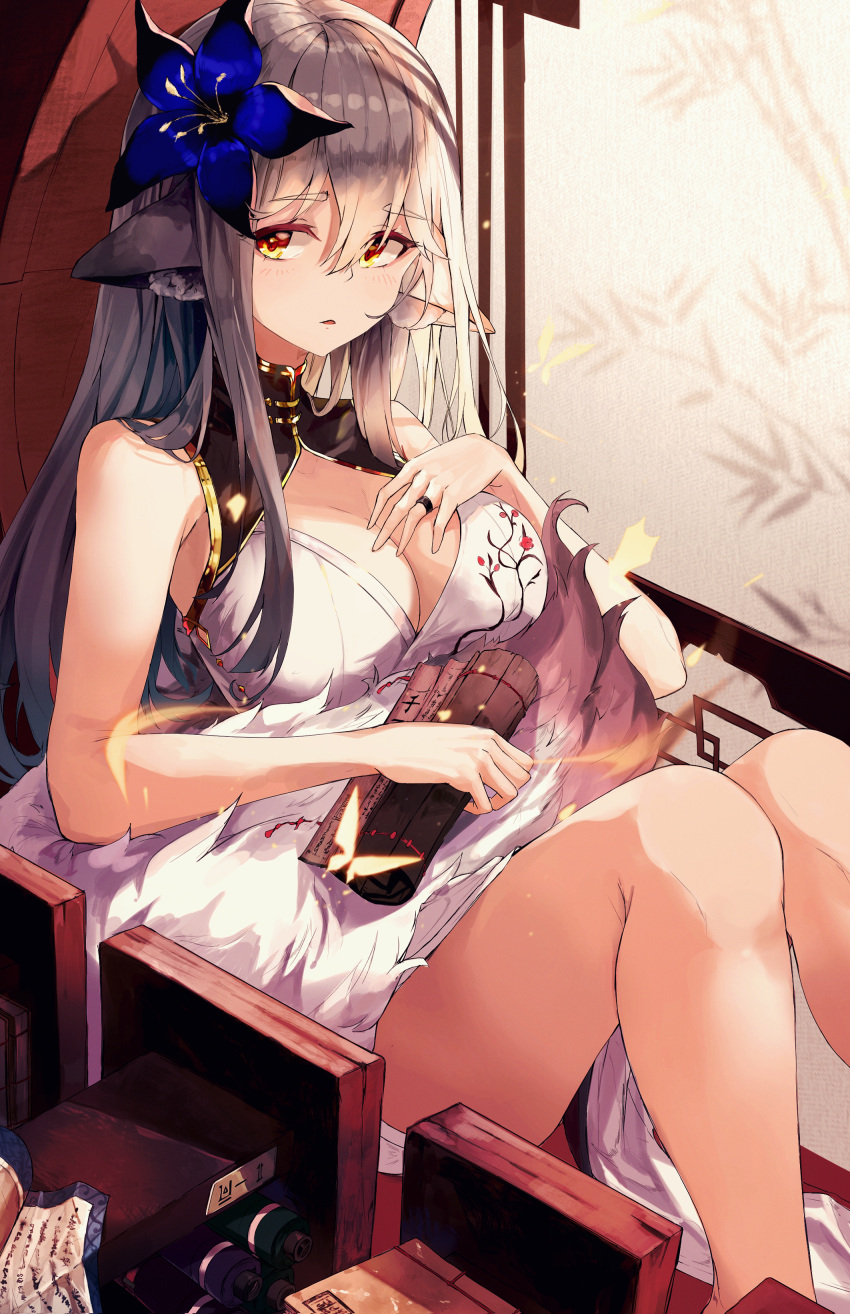 1girl absurdres animal_ears bangs breasts brown_eyes cleavage dress english_commentary eyebrows_visible_through_hair feet_out_of_frame flower grey_hair hair_between_eyes hair_flower hair_ornament hand_on_own_chest highres holding kooemong large_breasts long_hair looking_at_viewer original parted_lips scroll sidelocks sitting sleeveless sleeveless_dress thighs white_dress