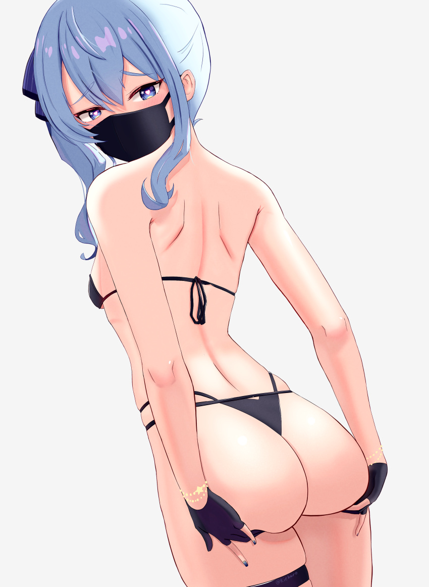 1girl absurdres ass ass_support back bangs bikini black_bikini black_gloves black_mask blue_eyes blue_hair blue_nails blue_ribbon bracelet breasts gloves hair_between_eyes hair_ribbon heart heart-shaped_pupils highres hololive hoshimachi_suisei jewelry kieharo long_hair looking_at_viewer looking_back mask mouth_mask multi-strapped_bikini partially_fingerless_gloves ribbon side_ponytail simple_background small_breasts solo spread_ass star_(symbol) star_in_eye surgical_mask swimsuit symbol-shaped_pupils symbol_in_eye thigh_strap thighs thong_bikini twitter_username virtual_youtuber white_background