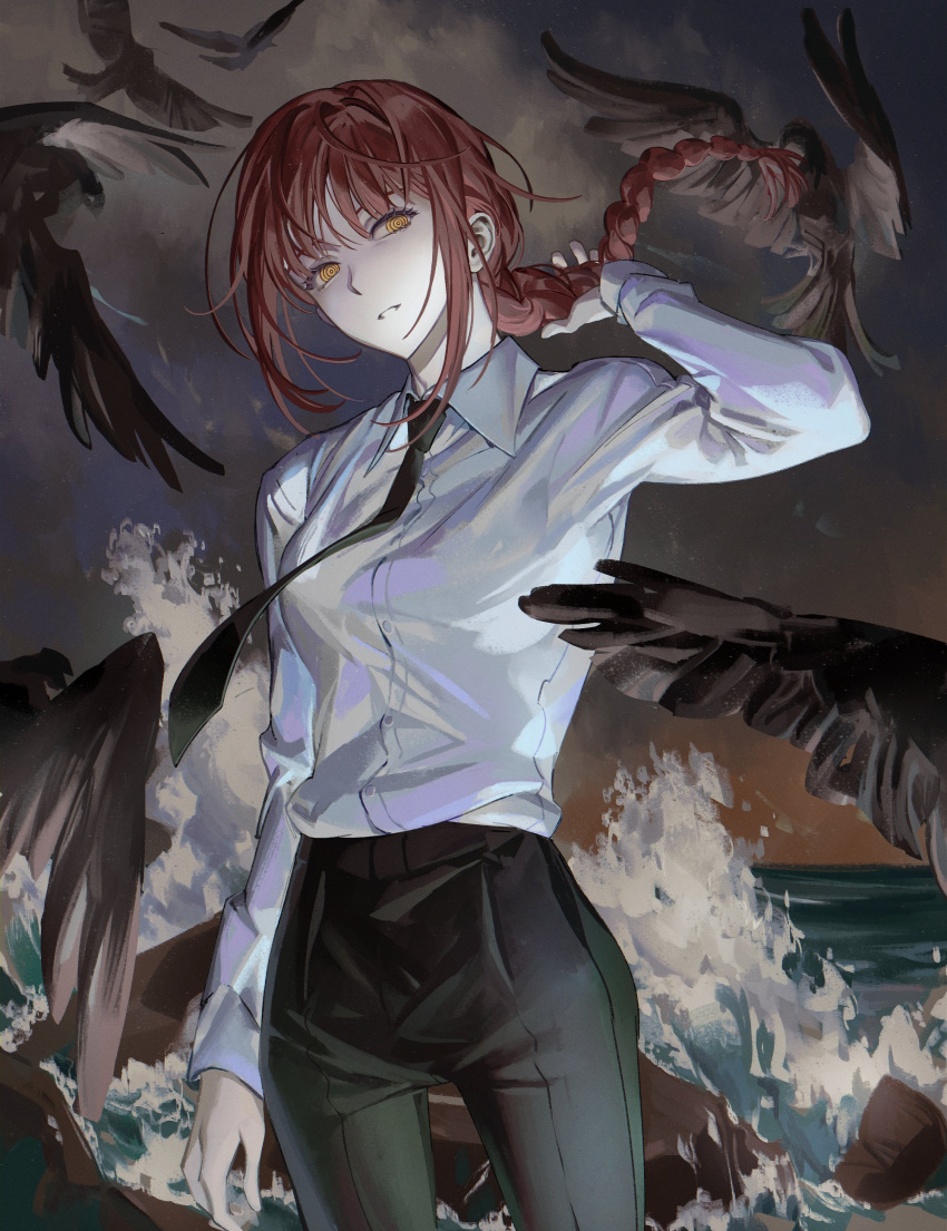 1girl absurdres bangs bird black_necktie black_pants blunt_bangs braid buttons chainsaw_man cloud collared_shirt cowboy_shot crow flying formal grey_sky hand_up high-waist_pants highres holding holding_hair long_hair looking_to_the_side makima_(chainsaw_man) necktie ocean outdoors pants parted_lips red_hair ringed_eyes rock shirt sidelocks single_braid sky solo standing suit water white_shirt yellow_eyes zzom_b