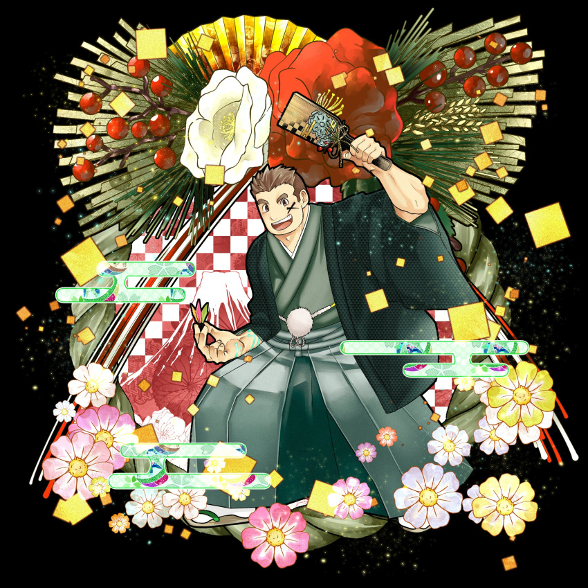 1boy absurdres bara black_eyes brown_hair checkered egasumi facepaint flower hagoita hakama hane_(hanetsuki) hanetsuki haori haori_himo highres holding japanese_clothes kasumi kidomh63 kimono kurogane_(housamo) looking_at_viewer male_focus montsuki muscular muscular_male new_year open_mouth paddle shimekazari short_hair sideburns smile solo tabi thick_eyebrows tokyo_afterschool_summoners