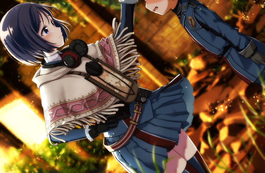 1boy 1girl absurdres age_difference belt belt_pouch blue_eyes blue_hair blurry blurry_background blurry_foreground dutch_angle fur_trim gloves grass headpat headphones headphones_around_neck height_difference highres isara_gunther light_particles map military military_uniform pleated_skirt pouch rubble senjou_no_valkyria_(series) senjou_no_valkyria_1 shawl short_hair skirt smile stone_wall sunlight thighhighs uniform wall