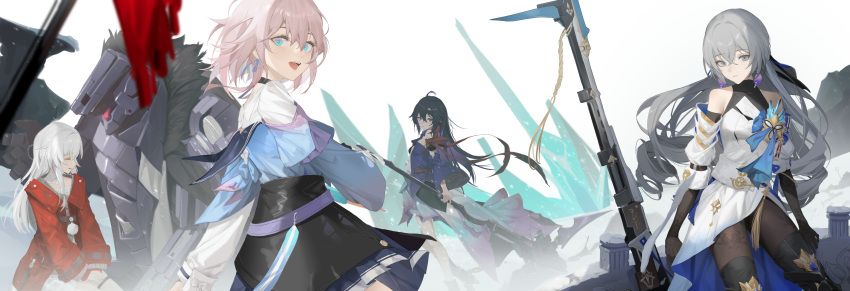 4girls :d absurdres bangs bare_shoulders black_footwear black_gloves black_skirt blue_eyes blue_jacket boots bronya_rand clara_(honkai:_star_rail) closed_mouth drill_hair elbow_gloves gloves grey_eyes grey_hair highres holding holding_scythe honkai:_star_rail honkai_(series) jacket kuo_(kuo114514) leggings long_hair long_sleeves looking_at_viewer march_7th_(honkai:_star_rail) multiple_girls open_mouth pink_hair purple_eyes purple_hair red_jacket scythe seele_vollerei shirt skirt smile thigh_boots thighhighs twin_drills white_background white_hair white_shirt
