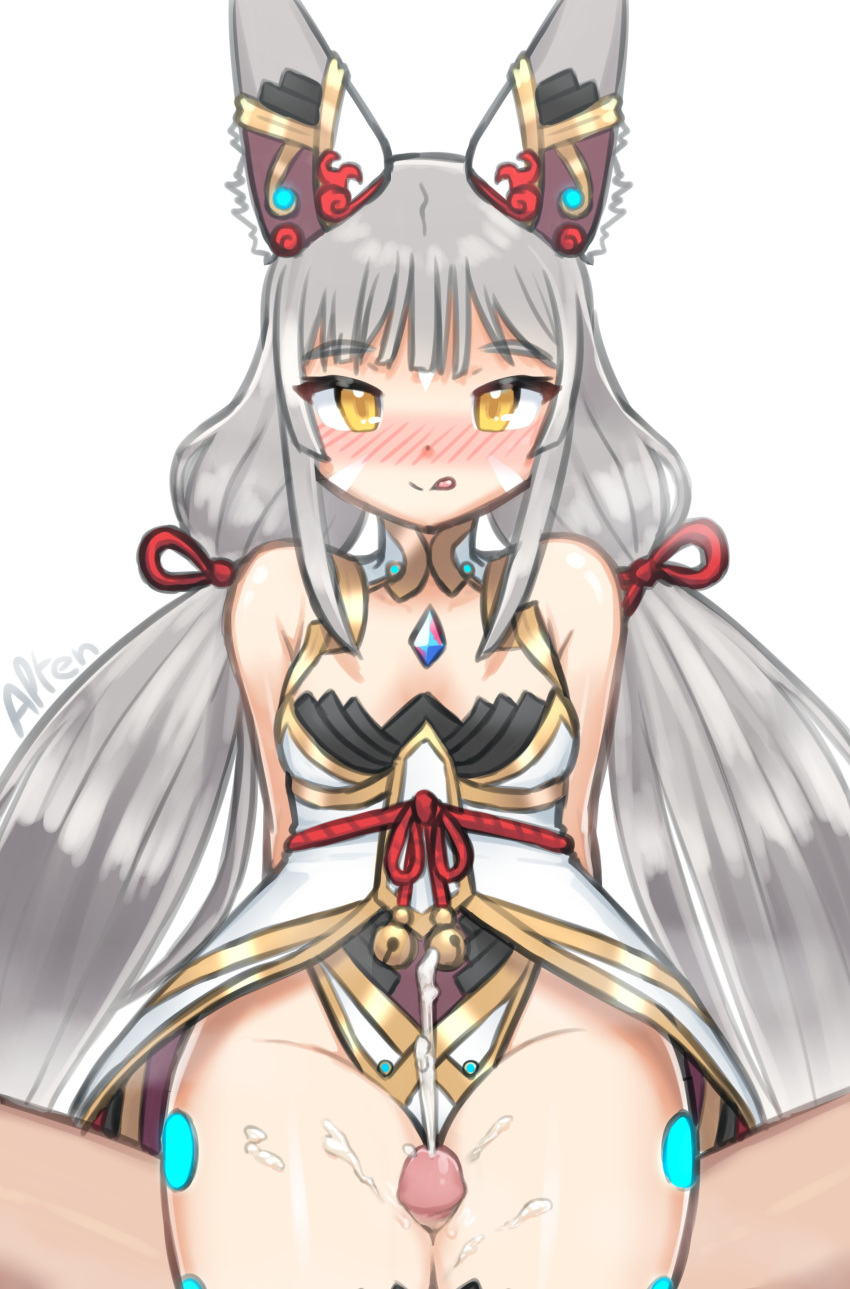 1boy 1girl absurdres alten animal_ears artist_name blush breasts cat_ears cleavage covered_navel cum ejaculation gem hetero highres jewelry long_hair looking_at_viewer naughty_face nia_(blade)_(xenoblade) nia_(xenoblade) open_mouth orgasm penis ribbon silver_hair simple_background sitting smile solo_focus thighs tongue tongue_out twintails very_long_hair xenoblade_chronicles_(series) xenoblade_chronicles_2 yellow_eyes