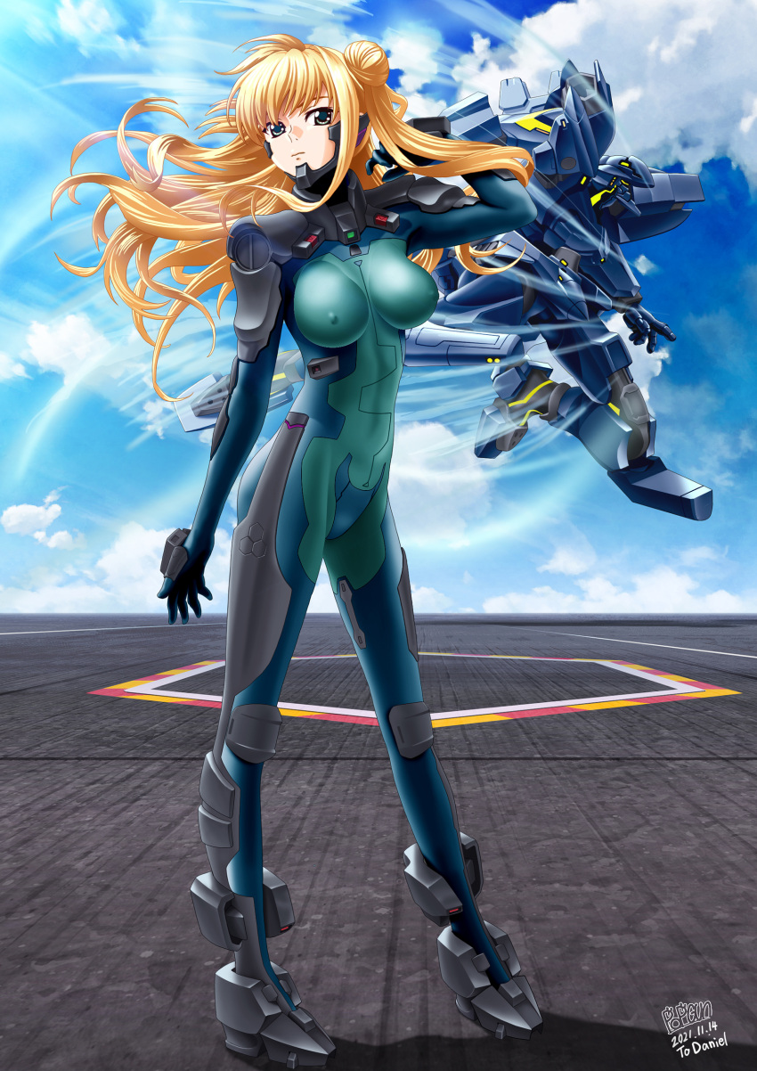 1girl absurdres cloud commentary commission covered_nipples f-18_hornet_(muvluv) floating_hair flying fortified_suit green_eyes hand_in_hair highres lilia_kjellberg long_hair mecha muvluv muvluv_alternative muvluv_unlimited:_the_day_after open_hand pilot_suit popmaru_chuui science_fiction side_bun sky standing tactical_surface_fighter visor