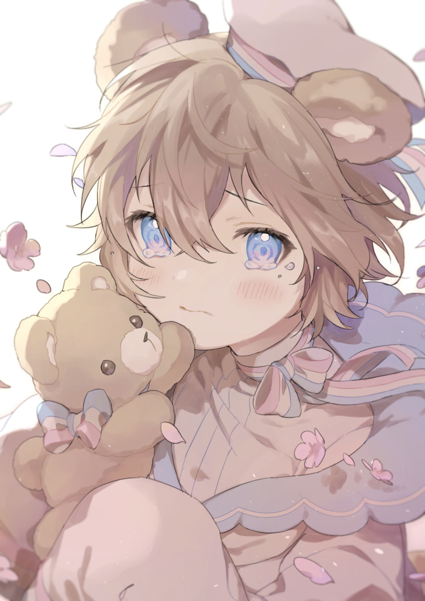 1boy absurdres androgynous animal_ears bear_ears blue_eyes blush brown_hair crying highres original p pale_skin pastel_colors sleeves_past_wrists stuffed_animal stuffed_toy tearing_up teddy_bear