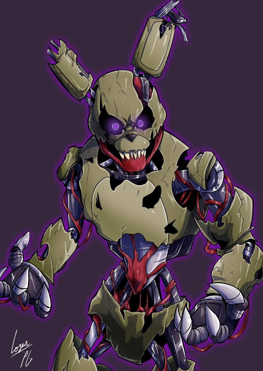 2021 absurd_res angry animatronic anthro claws detailed five_nights_at_freddy's five_nights_at_freddy's:_security_breach flesh glowing glowing_eyes hi_res lagomorph leporid loganpg3 long_ears looking_at_viewer machine male mammal metal metallic metallic_body multicolored_body multicolored_ears notched_ear portrait purple_background purple_eyes rabbit robot scottgames sharp_claws sharp_teeth simple_background solo springtrap_(fnaf) standing tan_body tan_ears teeth torn_arm torn_body torn_leg two_tone_body two_tone_ears video_games wire