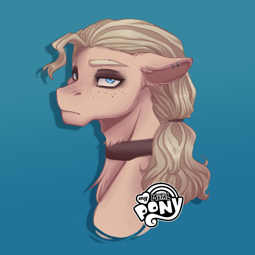 anthro blonde_hair blue_eyes clothing collar dee dee_(metal_family) equid equine eyeshadow fur hair hasbro hi_res horse looking_at_viewer machawba makeup mammal metal_family my_little_pony pony solo tan_body tan_fur topwear